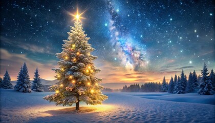 A beautifully decorated christmas tree stands tall in a snowy winter landscape under a clear starry night sky the tree is adorned with glowing warm lights and topped with a shining star.
