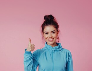 Woman in blue activewear thumbs up, pink background
