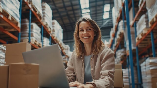 Smiling woman working on laptop in a busy warehouse during daytime