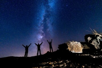 Silhouettes against a starry night sky