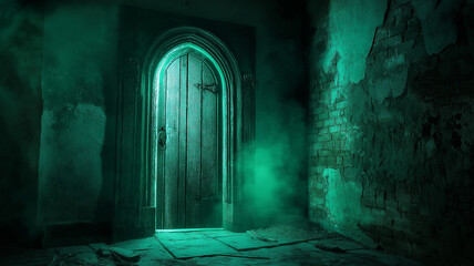 Obraz premium A dark, green room with a door that is open