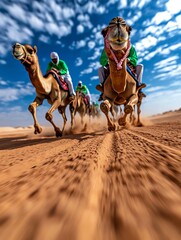 Dynamic scene of racing camels in vibrant colors, capturing the excitement of traditional desert culture and athleticism.