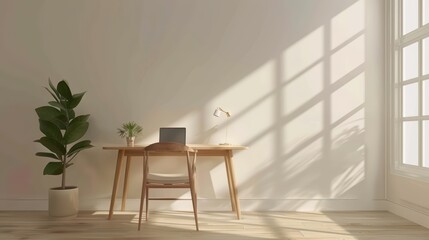Fototapeta premium Bright and modern workspace featuring a wooden desk, a chair, and natural decor for a productive and inspiring environment.