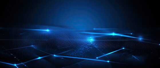 Abstract digital landscape with glowing lines and dots against a dark background.