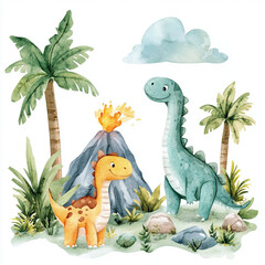 A whimsical watercolor illustration featuring two friendly dinosaurs in lush prehistoric landscape. scene includes volcano, palm trees, and vibrant greenery, evoking playful and adventurous atmosphere