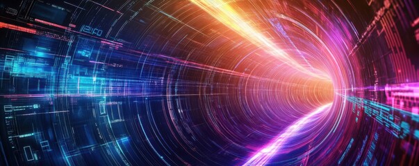 Obraz premium A hightech abstract tunnel, with data streams and light beams converging into the depths of cyberspace, representing the future of digital innovation and immersion