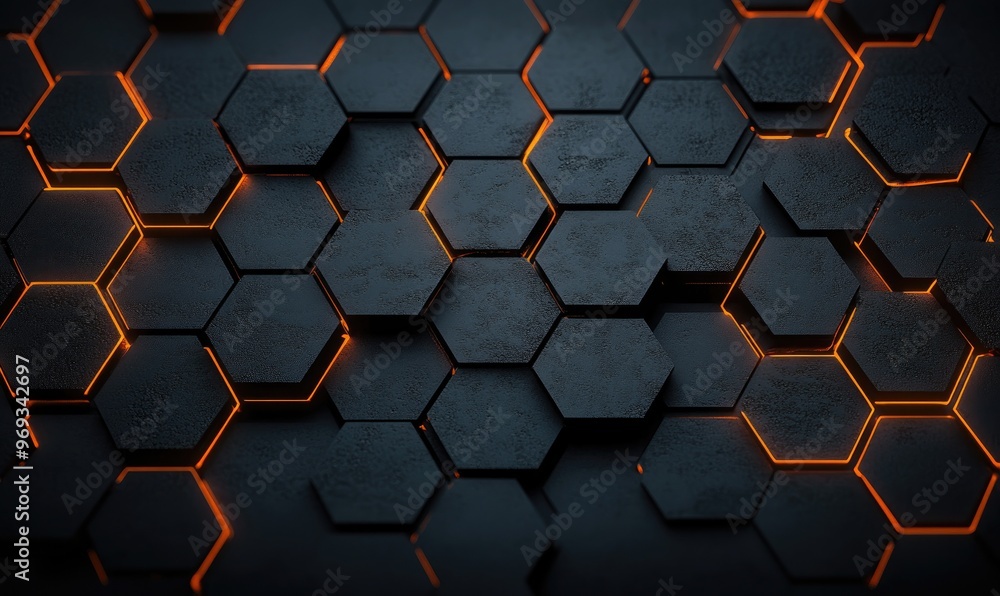 Poster A dark hexagonal pattern with glowing orange lines, creating a modern, tech-inspired design.