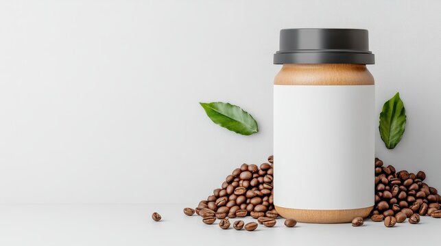 A clean, minimalist still life featuring a blank coffee jar surrounded by roasted coffee beans and green leaves.