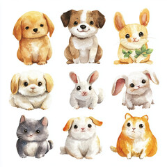 Fototapeta premium Cute and playful watercolor illustrations of various adorable pets including puppies, kittens, and bunnies, showcasing their charming expressions and delightful features