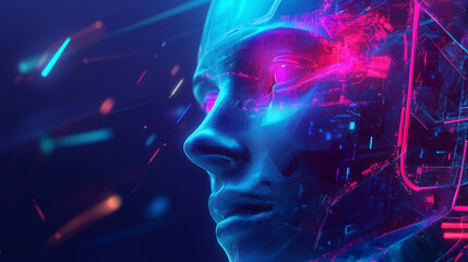 The image could be named: Human Head with Headphones and Coding Elements Surrounded by Energy and Technology Concepts