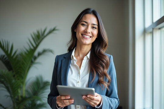 Portrait of young Hispanic professional business woman standing in office. Happy female company executive, smiling businesswoman entrepreneur corporate leader manager looking at camera using tablet