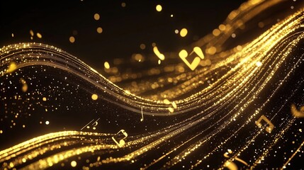 A 3D rendering of a music note floating on golden wavy lines with glowing particles and glitter effects. The shimmering design captures the elegance of sound and melody, using bright golden colors, cr