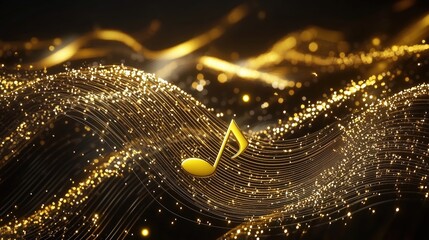 A 3D rendering of a music note floating on golden wavy lines with glowing particles and glitter effects. The shimmering design captures the elegance of sound and melody, using bright golden colors, cr