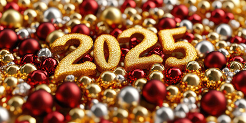 3d render text 2025. Background decoration for holiday event, card, Christmas invitation and festive backdrop.