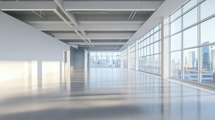 Fototapeta premium Clean, modern office space with large windows and natural light, completely empty. Represents opportunity and potential.
