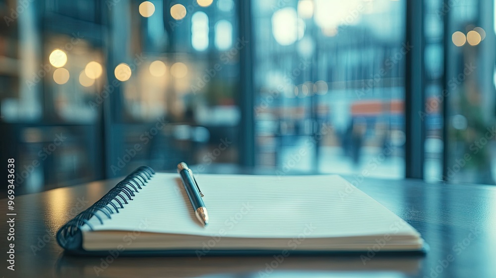 Poster close-up of a blank notepad on a desk with a pen, waiting for business ideas to be captured.