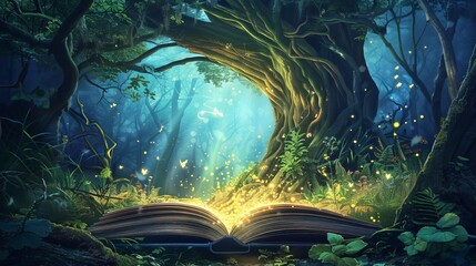 whimsical fairy tale book cover with enchanting magical forest scene childrens literature concept ai generated illustration
