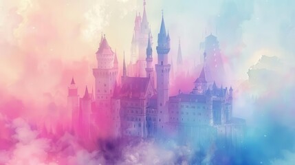 Obraz premium whimsical fairytale castle in pastel hues ethereal spires enchanted gardens dreamy atmosphere magical kingdom illustration soft watercolor effect storybook wonder aigenerated fantasy artwork