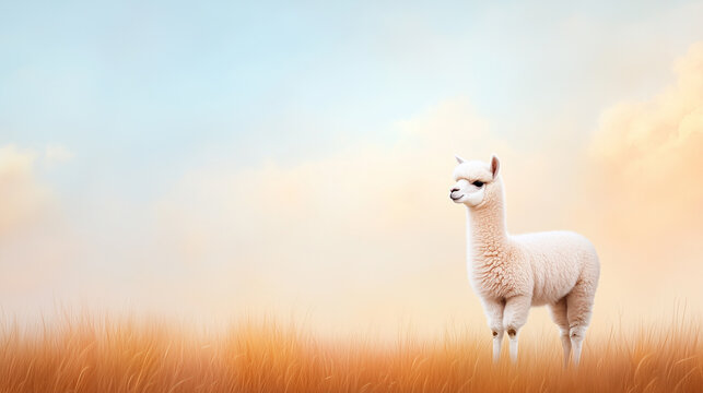 A serene alpaca stands gracefully in golden field under soft blue sky, embodying tranquility and charm. gentle hues of landscape enhance peaceful atmosphere.