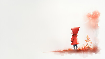 A child in red hooded coat stands alone, gazing into distance amidst soft, warm hues of orange and gentle foliage. scene evokes sense of wonder and curiosity.