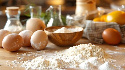 Fototapeta premium Ingredients for baking arranged on a cooking area worktop