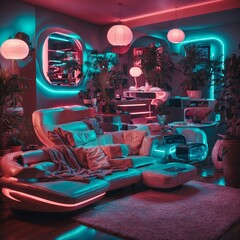 Naklejka premium Retrofuturistic Comfort: A Neon Glow Haven