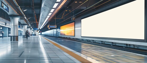 Fototapeta premium Empty subway station platform with modern design, ideal for showcasing advertising. Clean and spacious urban environment.
