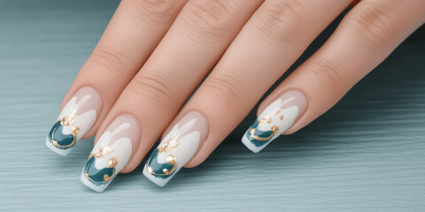 Creative unusual manicure of female nails. Hand on a simple colored background with copy space