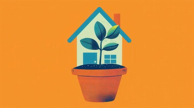 whimsical illustration of a house sprouting from a plant pot symbolizing property growth playful colors and simplified shapes convey financial concepts with charm