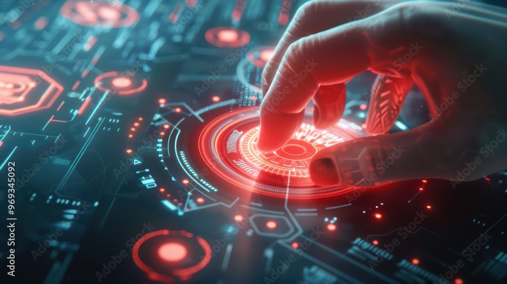 Poster futuristic hand interacting with a glowing digital interface, showcasing advanced technology and use