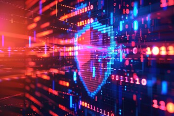 Futuristic digital shield symbol amidst vibrant binary code representing cybersecurity and data protection concepts.