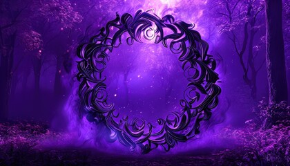 A mystical purple portal surrounded by swirling patterns in a serene forest setting.
