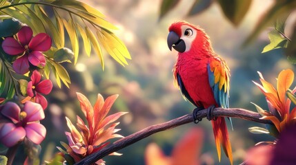 A cartoon parrot perched on a branch, talking and surrounded by colorful tropical plants, with a playful expression.