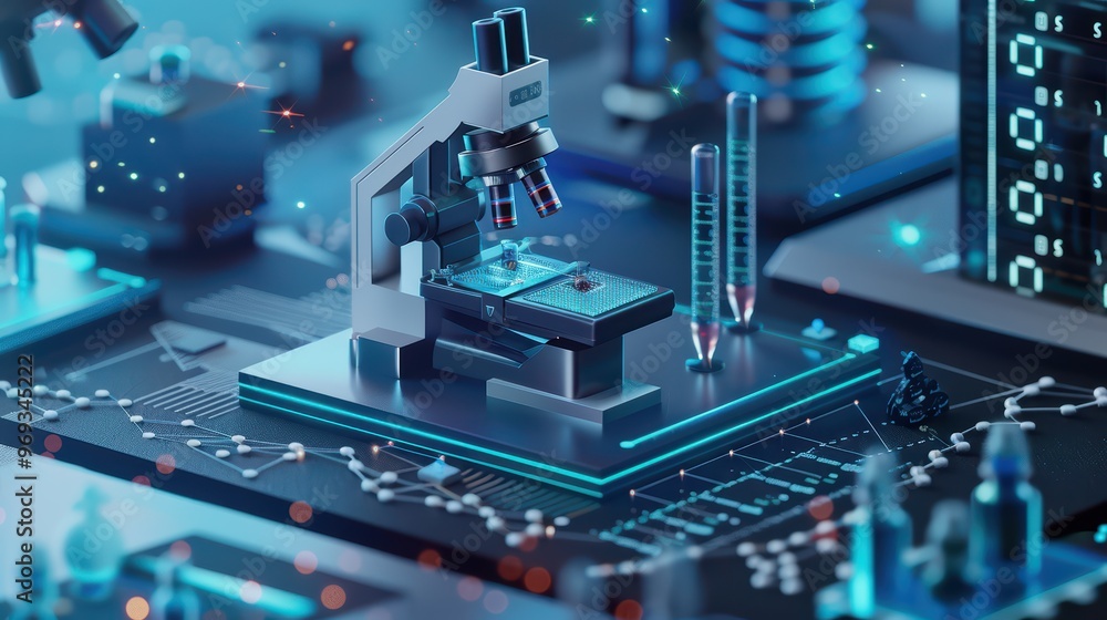 Poster futuristic laboratory scene featuring a microscope and laboratory equipment in a high-tech environme