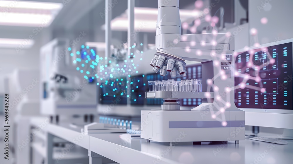 Poster futuristic laboratory with advanced equipment, showcasing automated processes and data analysis in s