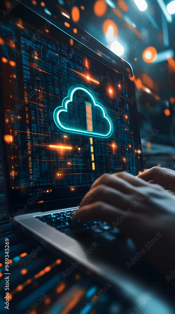 Poster cloud computing technology illustration: cloud server data storage on laptop with binary code backgr