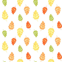 Fototapeta premium Autumn leaves seamless pattern. Fall foliage botanical background for pattern fills. Hand drawn watercolor illustration. Thanksgiving background. Template for wallpaper, card, website, cover, fabric.