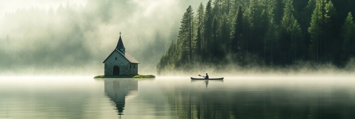A man kayaking in still lake water with forest and fog