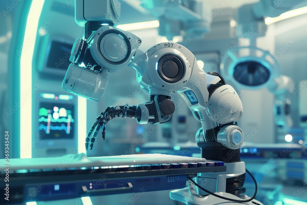 Poster futuristic robotic arm operating in a high-tech laboratory, showcasing advanced technology and autom