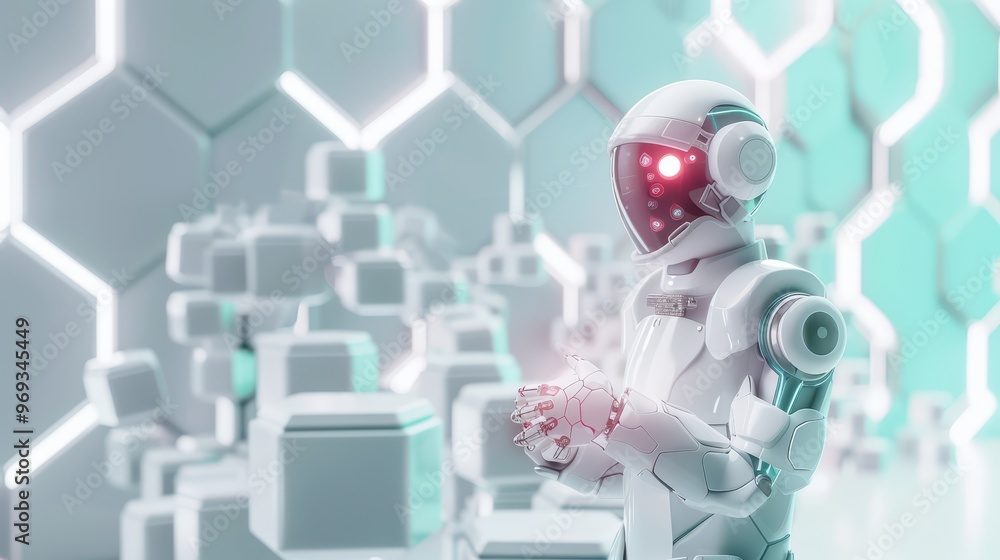 Poster Futuristic robot standing in a modern, tech-themed environment with glowing hexagonal patterns and abstract shapes.