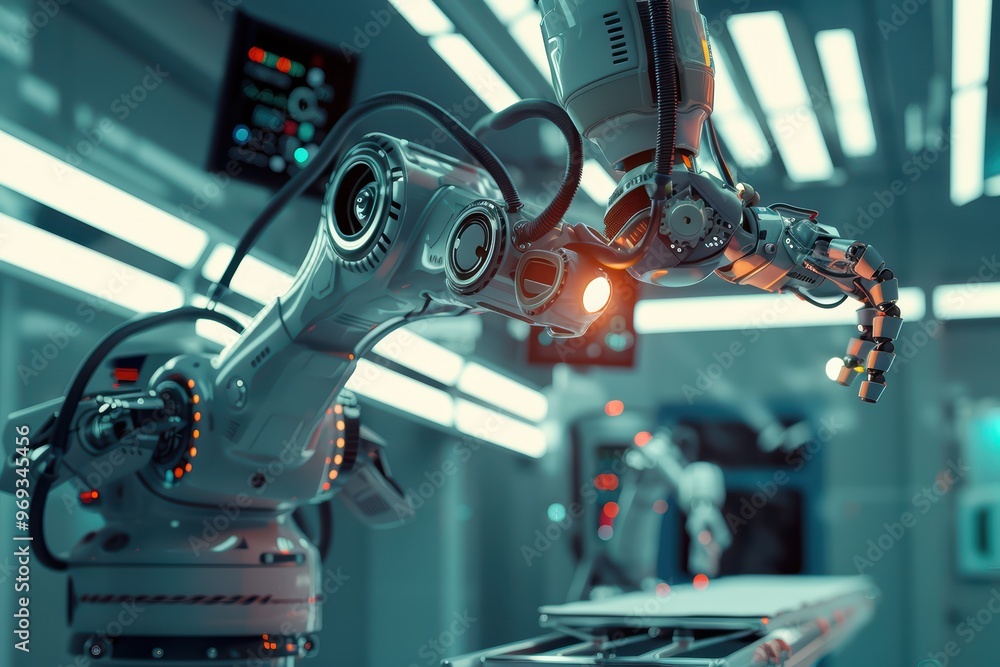 Poster futuristic robotic arms in a high-tech laboratory, showcasing advanced technology and automation in 