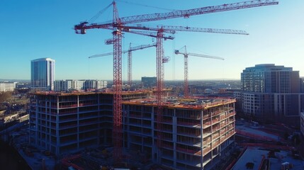 Naklejka premium Construction cranes towering over a new commercial building project.