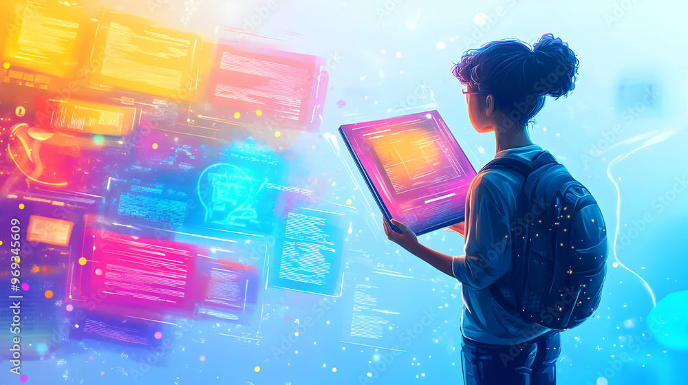 Poster illustration of digital data analysis: student immersed in virtual code and information