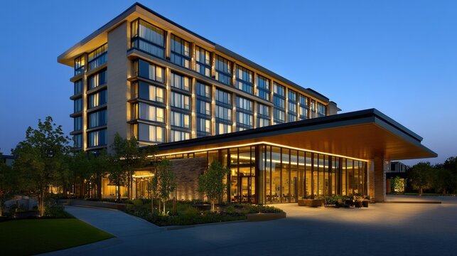 Contemporary hotel building with a sleek design and large glass windows.