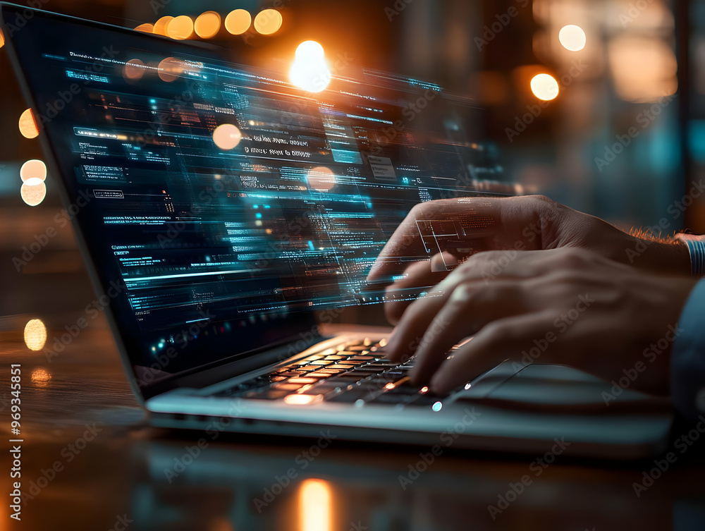 Poster abstract illustration - software developer coding late night on laptop with futuristic interface