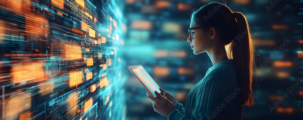 Poster woman programming data science technology illustration