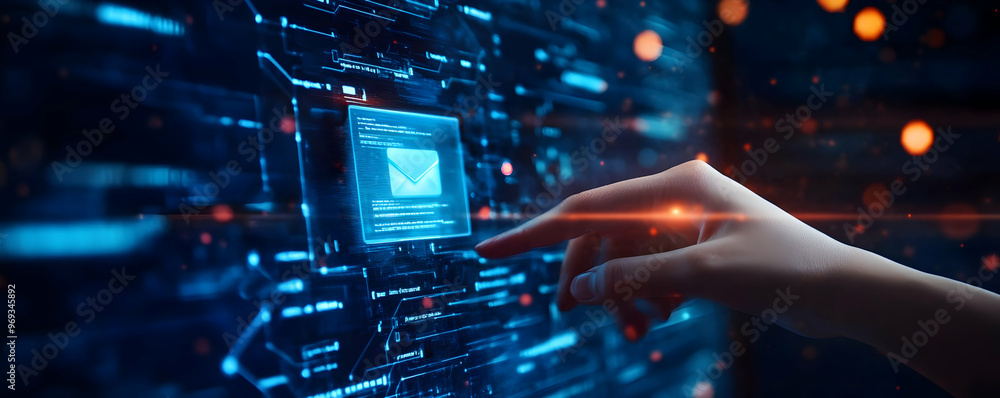 Poster digital communication network illustration: sending secure messages in cyberspace
