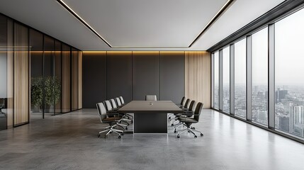 Empty boardroom with a large conference table and modern chairs, focusing on sleek, professional design. Ideal for representing corporate settings.