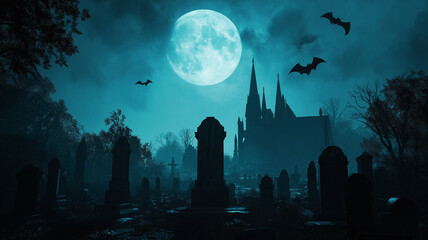 A graveyard with a large moon and bats flying in the sky