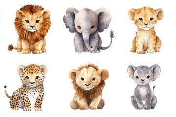 Vibrant Watercolor Safari Animals Illustrations for Children â€“ Cheetahs, Lions, Elephants | Copy Space for Text